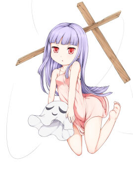 Rule 34 | 1girl, barefoot, blunt bangs, breasts, commentary request, dress, full body, haty, highres, long hair, looking at viewer, marionette, marionette (ragnarok online), open mouth, pink dress, puppet, purple hair, ragnarok online, red eyes, sheet ghost, simple background, sleeveless, sleeveless dress, small breasts, solo, spaghetti strap, whisper (ragnarok online), white background