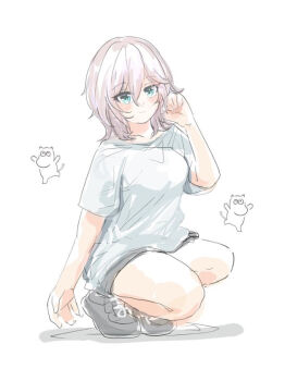 1girl anastasia_(idolmaster) black_shoes black_shorts blue_eyes breasts closed_mouth full_body grey_hair hair_between_eyes hand_up idolmaster idolmaster_cinderella_girls kawamochi_(kawauti919) looking_at_viewer medium_breasts moomin moomintroll shadow shirt shoes short_sleeves shorts simple_background smile solo squatting white_background white_shirt