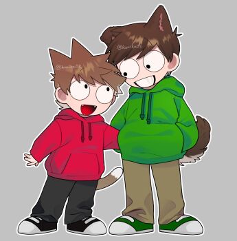 Rule 34 | 2boys, :d, animal ears, animification, antenna hair, arm around another's back, black eyes, black pants, black shoes, brown hair, brown pants, cat boy, cat tail, commentary request, dog boy, dog ears, dog tail, drawstring, edd (eddsworld), eddsworld, extra ears, eye contact, fangs, flipped hair, full body, green hoodie, green shoes, grey background, grin, hair behind ear, hair ears, hands in pockets, height difference, highres, hood, hood down, hoodie, kemonomimi mode, korika02, long sleeves, looking at another, male focus, multiple boys, open mouth, outline, pants, red hoodie, shoes, short hair, simple background, smile, sneakers, standing, swept bangs, tail, tord (eddsworld), watermark, white outline, wide-eyed