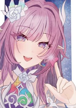 1girl bare_shoulders border commentary_request cyrene_(honkai:_star_rail) cyrene_(ripples_of_past_reverie)_(honkai:_star_rail) diamond-shaped_pupils diamond_(shape) dress earrings flower hair_flower hair_ornament heart highres honkai:_star_rail honkai_(series) jewelry long_hair looking_at_viewer open_mouth pink_hair pointy_ears purple_eyes smile solo symbol-shaped_pupils upper_body very_long_hair white_border white_dress yuhu_oo