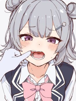 1girl 1other blazer blush bow bowtie cevio commentary_request dental_filling double_bun embarrassed finger_in_another's_mouth grey_hair hair_bun hair_ornament hairclip highres inlay jacket koharu_rikka looking_at_viewer mouth_focus mouth_pull open_collar open_mouth out_of_frame parallel_fleet pink_bow pink_bowtie pov pov_hands purple_eyes raised_inner_eyebrows realistic_teeth school_uniform shirt short_hair solo_focus sweat synthesizer_v teeth tongue upper_body white_shirt