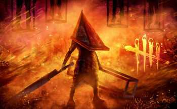 1boy apron boots dead_by_daylight full_body gloves great_knife helmet holding holding_sword holding_weapon monster pyramid_head silent_hill_(series) silent_hill_2 solo_focus standing sword tanaka_ken&#039;ichi weapon white_gloves