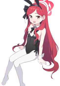 1girl black_leotard blue_archive blush breasts full_body halo invisible_chair leotard long_hair looking_at_viewer pantyhose rabbit_ears red_eyes red_hair red_halo saiste sitting small_breasts solo takane_(blue_archive) twitter white_pantyhose wrist_cuffs yellow_eyes