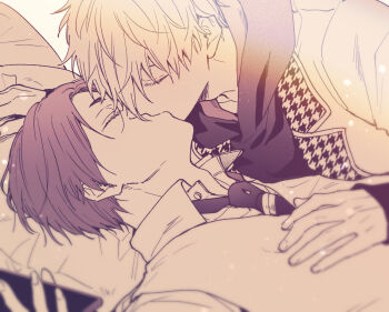 2boys black_hoodie blue_lock boy_on_top closed_eyes commentary_request frilled_pillow frills hakuho_high_school_uniform hand_on_another's_chest highres holding holding_phone hood hoodie kashiko_(coupy) kiss lying mikage_reo multiple_boys nagi_seishirou orange_light phone pillow school_uniform sunlight white_background yaoi