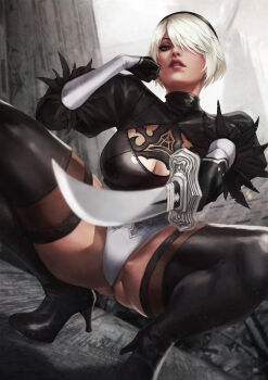 1girl 2b_(nier:automata) absurdres aiming aiming_at_viewer alternate_breast_size black_boots black_gloves black_hairband blue_eyes boots breasts brown_lips cleavage cleavage_cutout clothing_cutout commentary crop_top english_commentary feather-trimmed_sleeves gloves gluteal_fold hair_over_one_eye hairband head_rest high_heel_boots high_heels highres holding holding_sword holding_weapon katana large_breasts leotard makeup mascara mole mole_under_mouth monori_rogue nier:automata nier_(series) no_blindfold no_pants nose paid_reward_available post-apocalypse see-through_clothes see-through_legwear short_hair solo spread_legs squatting sword thick_thighs thighhighs thighhighs_under_boots thighs thong_leotard vambraces virtuous_contract weapon white_hair white_leotard