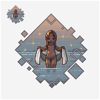 1girl bindi black_hair dark-skinned_female dark_skin female_focus flat_chest green_eyes loli looking_at_viewer navel nude omunikin open_mouth original partially_submerged pixel_art pussy solo towel wading water