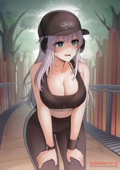 1girl absurdres akaharuu alternate_costume bare_shoulders baseball_cap black_hat black_leggings black_sports_bra blurry blurry_background breasts bright_pupils cleavage commentary cowboy_shot green_eyes grey_hair hands_on_own_thighs hat headphones highres hololive hololive_indonesia large_breasts leaning_forward leggings long_hair looking_ahead midriff nail_polish open_mouth outdoors pavolia_reine purple_nails solo sports_bra standing sweat sweatband symbol-only_commentary tree twitter_username virtual_youtuber watch wavy_mouth white_pupils wristband