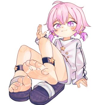 1girl ankle_strap blush chaosexceed closed_mouth commentary english_commentary feet foot_focus full_body hand_up highres long_sleeves looking_at_viewer original paid_reward_available pink_eyes pink_hair sandals shirt short_hair short_twintails single_bare_foot sitting soles solo toenails toes twintails white_background white_shirt