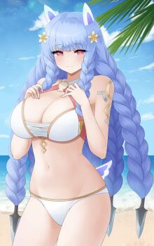 1girl bare_arms bare_shoulders beach bikini blue_hair blue_sky blush body_markings braid breasts cleavage closed_mouth cloud collarbone doiparuni fire_emblem fire_emblem_heroes flower hair_flower hair_ornament hands_on_own_chest heidrun_(fire_emblem) heidrun_(summer)_(fire_emblem) highres large_breasts long_hair looking_at_viewer navel nintendo ocean official_alternate_costume outdoors palm_leaf palm_tree red_eyes sky smile solo stomach swimsuit thighs tree very_long_hair water white_bikini
