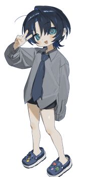 1girl :d adapted_costume aged_down ahoge alternate_costume arm_at_side black_shorts blue_eyes blue_footwear blue_hair blue_necktie bright_pupils collared_shirt commentary_request crocs dark_blue_hair dress_shirt earclip footwear_ornament full_body grey_shirt hair_between_eyes hand_up head_tilt heart highres hiodoshi_ao hiodoshi_ao_(1st_costume) hololive hololive_dev_is jewelry jibbitz long_sleeves looking_at_viewer looking_to_the_side mole mole_under_mouth multicolored_hair mumukyabi musical_note necktie open_mouth parted_bangs reverse_trap ring shirt short_hair short_shorts shorts simple_background sleeves_past_wrists smile solo standing streaked_hair two-tone_hair v virtual_youtuber white_background white_pupils wolf_cut