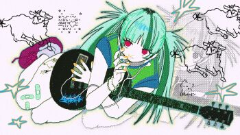 1girl aqua_hair ascii_art baby_animal bandaid bandaid_on_leg blood blue_outline blue_shirt blunt_bangs bracelet cat closed_mouth colored_skin mp3_player earbuds earphones electric_guitar expressionless frown full_body green_shirt guitar highres holding holding_guitar holding_instrument instrument ipod ipod_nano ipod_nano_4g jewelry lamb leg_tattoo long_hair looking_to_the_side loose_socks lying maho_(_i_kill_girl_) nosebleed on_side original outline pink_eyes pink_shoes raglan_sleeves screentones sheep shirt shoes sidelocks socks solo sparkle spiked_hair star_(symbol) t-shirt tattoo twintails two-tone_shirt white_background white_skin white_socks yellow_blood yellow_nails zoom_layer