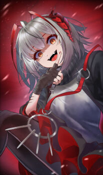 +_+ 1girl :d absurdres ahoge antenna_hair arknights artist_name belt black_belt black_gloves black_jacket black_pantyhose black_scarf black_skirt blurry blurry_background blurry_foreground breasts buckle colored_eyelashes commentary_request crazy crazy_eyes crazy_smile demon_girl demon_horns depth_of_field drunkenjurei. dutch_angle dyed_ahoge eyelashes fang feet_out_of_frame fingerless_gloves fingernails from_side glint gloves gradient_background grey_hair grey_shirt hair_between_eyes hand_up head_tilt highres horns index_finger_raised jacket knees_up layered_skirt light_particles long_sleeves looking_at_viewer looking_to_the_side medium_breasts medium_hair miniskirt multicolored_skirt multiple_scars nail_polish o-ring open_belt open_clothes open_jacket open_mouth orange_eyes outdoors pantyhose parted_bangs pleated_skirt red_background red_horns red_nails red_skirt red_theme scar scar_on_arm scarf shaded_face shadow shirt signature sitting skirt smile snap-fit_buckle solo strap striped_clothes striped_scarf teeth thighs tongue two-sided_fabric two-sided_skirt two-tone_skirt upper_teeth_only vertical-striped_clothes vertical-striped_scarf vignetting w_(arknights)