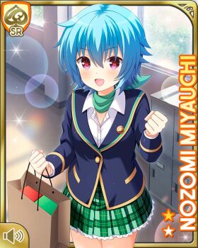 Rule 34 | 1girl, :d, ascot, bag, belt, blazer, blue hair, blue jacket, card (medium), character name, closed hand, day, girlfriend (kari), green ascot, green skirt, indoors, jacket, looking at viewer, miyauchi nozomi, official art, open mouth, plaid clothes, plaid skirt, pleated skirt, purple eyes, qp:flapper, school uniform, shirt, short hair, skirt, smile, v-shaped eyebrows, white legwear, white shirt