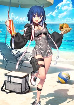 1girl :d ahoge ball beach bikini black_bikini black_jacket blue_eyes blue_hair blue_sky breasts burger c.i.e.l_(fate) mysterious_executor_c.i.e.l_(fate) ciel_(tsukihime) clothing_cutout cropped_jacket cross cross_necklace cup disposable_cup drink drinking_straw fate/grand_order fate_(series) food food_wrapper foot_out_of_frame game_cg halterneck hands_up holding holding_burger holding_cup holding_drink holding_food holster hood hood_down hooded_jacket horizon jacket jewelry latin_cross long_sleeves looking_at_viewer medium_breasts necklace ocean official_art open_clothes open_jacket open_mouth outstretched_arms people puffy_long_sleeves puffy_sleeves sand see-through_clothes shoelaces shoes short_hair sky smile sneakers solo_focus standing standing_on_one_leg swimsuit swimsuit_cover-up takeuchi_takashi thigh_holster third-party_source underboob_cutout variant_set volleyball_(object) white_shoes