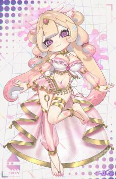 Rule 34 | 1girl, :3, anklet, bandeau, barefoot sandals (jewelry), blonde hair, breasts, cleavage, closed mouth, colored extremities, commentary, commission, detached sleeves, fingernails, flower in eye, frilled bandeau, full body, gradient hair, head chain, highres, jewelry, large breasts, leg tattoo, long hair, long sleeves, looking at viewer, multicolored hair, navel piercing, nintendo, octoling, octoling girl, octoling player character, piercing, pink eyes, pink hair, pink sleeves, puchiman, ring, see-through clothes, see-through sleeves, sharp fingernails, smile, solo, splatoon (series), standing, standing on one leg, stomach, symbol in eye, tattoo, tentacle hair, toe ring, untranslatable commentary, watermark, watermark grid, white bandeau