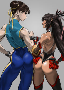 Rule 34 | 1girl, absurdly long hair, age difference, alternate costume, artist request, ass-to-ass, back, bare arms, bare shoulders, black leotard, blue bodysuit, bodysuit, boots, bracelet, brown hair, capcom, chun-li, crossover, curvy, dark-skinned female, dark skin, double bun, elbow gloves, eye contact, eyelashes, fingerless gloves, fishnets, frilled leotard, frills, gloves, hair bun, hair ribbon, hand on own hip, highres, impossible clothes, impossible leotard, jewelry, leotard, long hair, long twintails, looking at another, medium hair, mizuki yukikaze, one-piece tan, revealing clothes, ribbon, shiny clothes, shiny skin, simple background, size difference, skin tight, skindentation, skirt, standing, street fighter, street fighter alpha, sweat, taimanin (series), taimanin rpgx, taimanin suit, taimanin yukikaze, tan, tanline, thigh boots, thighhighs, thong leotard, twintails, very long hair