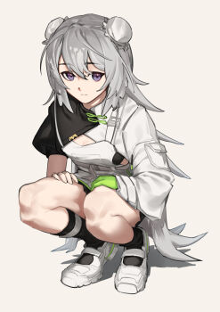 1girl absurdres arknights asymmetrical_sleeves black_socks bun_cover double_bun feather_hair full_body gloves green_gloves grey_background grey_hair hair_between_eyes hair_bun highres long_hair long_sleeves looking_at_viewer mismatched_sleeves mkrk_mikaerukung mulberry_(arknights) purple_eyes shadow shirt shoes short_sleeves simple_background single_glove socks solo squatting white_shirt white_shoes
