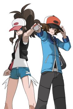 1boy 1girl absurdres backwards_hat baseball_cap blue_jacket denim denim_shorts exposed_pocket hat highres hilbert_(pokemon) hilda_(pokemon) jacket nintendo poke_ball poke_ball_print pokemon pokemon_black_and_white qingx93298 shorts zipper_pull_tab