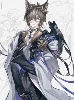 1boy absurdres animal_ear_fluff animal_ears arknights black_cat black_gloves black_jacket brown_hair cat cat_boy cat_ears chinese_commentary commentary_request cowboy_shot cracked_skin gloves hair_over_one_eye highres jacket jewelry laurel_crown long_sleeves looking_at_viewer male_focus material_growth multiple_persona necklace oripathy_lesion_(arknights) parted_lips phantom_(arknights) shawl short_hair solo tragodia_(arknights) vidoakdame white_shawl yellow_eyes