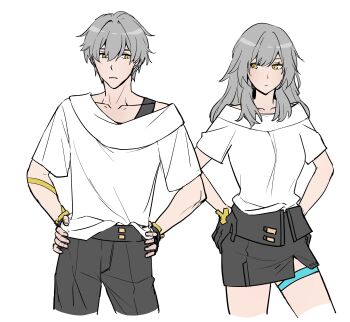 1boy 1girl absurdres arm_ribbon black_gloves black_pants black_skirt breasts caelus_(honkai:_star_rail) closed_mouth collarbone commentary cowboy_shot dual_persona english_commentary fingerless_gloves gloves grey_hair hair_between_eyes hands_on_own_hips highres honkai:_star_rail honkai_(series) long_hair looking_at_another medium_breasts miniskirt pants ribbon shirt short_hair short_sleeves sidelocks simple_background skirt standing stelle_(honkai:_star_rail) t-shirt thigh_strap trailblazer_(honkai:_star_rail) trap_(trap_2023) white_background white_shirt yellow_eyes