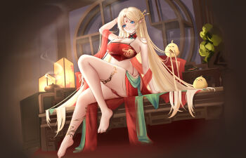 1girl absurdres azur_lane bare_shoulders blonde_hair blue_eyes breasts brest_(azur_lane) brest_(moonlit_night&#039;s_spring_vista)_(azur_lane) brushing_another&#039;s_hair brushing_hair chinese_clothes cleavage comb commentary dudou facial_mark forehead_mark full_body gold hand_in_own_hair highres holding holding_another&#039;s_hair holding_comb huadian huge_breasts incense indoors long_hair looking_at_viewer manjuu_(azur_lane) official_alternate_costume pointy_ears red_sarong round_window sarong sitting solo very_long_hair window wo_meiyou_mao