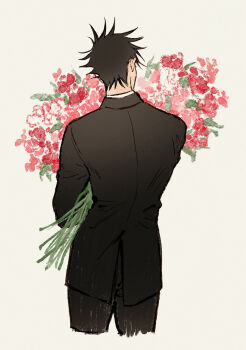 1boy black_hair black_jacket black_pants bouquet commentary_request cropped_legs flower from_behind fushiguro_megumi highres holding holding_bouquet jacket jj59u jujutsu_kaisen male_focus pants short_hair simple_background solo suit_jacket white_background