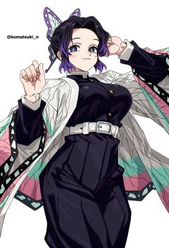 1girl absurdres arm_up artist_name belt belt_around_waist black_hair butterfly_hair_ornament cloak commentary_request cowboy_shot demon_slayer_uniform from_below gradient_hair hair_ornament highres kimetsu_no_yaiba kochou_shinobu komatsuki_n light_blush long_sleeves multicolored_cloak multicolored_hair parted_bangs purple_eyes purple_hair short_hair simple_background smug standing twitter_username two-tone_hair wavy_mouth white_background white_belt white_cloak