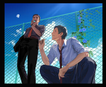 2boys adachi_tooru arm_on_knee black_necktie black_pants blue_flower blue_sky chain-link_fence cloud doujima_ryoutarou fence flower food from_below highres holding holding_food holding_popsicle light_rays male_focus morrisuit multiple_boys necktie open_mouth pants persona persona_4 plant popsicle red_necktie shirt sky sleeves_rolled_up squatting sweat vines white_shirt