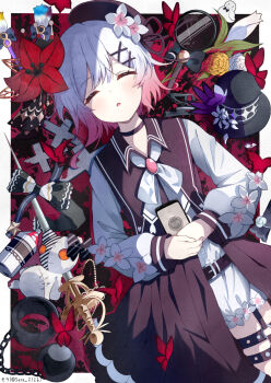 1girl artist_name ball_and_chain_restraint black_background black_hat border bow bowtie brown_coat brown_sailor_collar cellphone closed_eyes coat cross crown flower gradient_hair hair_ornament hat highres holding holding_phone long_sleeves lying magnifying_glass mahou_shoujo_no_majo_saiban multicolored_hair on_back phone pink_hair red_background red_flower sailor_collar sakuraba_ema shirt solo spray_can sword twitter_username two-tone_background unworn_hat unworn_headwear weapon white_background white_bow white_bowtie white_flower white_hair white_shirt x_hair_ornament yellow_flower zundamochi_(sera)