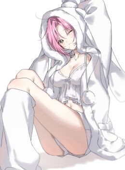 1girl closed_mouth gok_(gok_99) head_tilt hood hoodie navel one_eye_closed original pink_hair sitting solo underwear