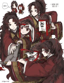 2boys alternate_costume bright_pupils brown_hair chibi closed_mouth earrings empty_eyes hanafuda_earrings haori high_ponytail highres japanese_clothes jewelry kamado_tanjirou kimetsu_no_yaiba kimono korean_text long_hair magneticfieldh male_focus multiple_boys outstretched_arm ponytail red_eyes red_haori red_kimono short_hair simple_background translation_request tsugikuni_yoriichi white_background white_pupils wide_sleeves yellow_kimono