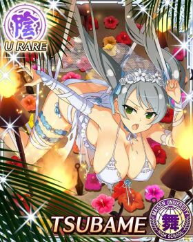 Rule 34 | 1girl, :o, ass, blue ribbon, border, bound, bound arms, bra, breasts, bridal gauntlets, bridal lingerie, bridal veil, butt crack, card (medium), character name, cleavage, fire, flower, game cg, green eyes, grey hair, hair ribbon, kunai, large breasts, lingerie, long hair, looking at viewer, official art, ribbon, sand, senran kagura, senran kagura new wave, solo, swept bangs, third-party source, torn bra, torn bridal gauntlets, torn clothes, tsubame (senran kagura), twintails, underwear, veil, very long hair, weapon