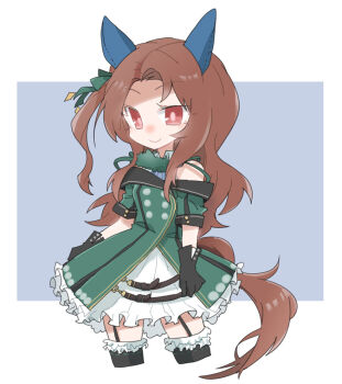 1girl animal_ears beer_hsk black_gloves black_thighhighs bow brown_hair closed_mouth commentary_request cropped_legs dress forehead frilled_dress frilled_jacket frilled_thighhighs frills garter_straps gloves green_bow green_jacket grey_background hair_bow horse_ears horse_girl horse_tail jacket king_halo_(king_of_emeralds)_(umamusume) king_halo_(umamusume) long_hair off-shoulder_jacket off_shoulder one_side_up parted_bangs red_eyes short_sleeves sleeveless sleeveless_dress smile solo tail thighhighs two-tone_background umamusume white_background white_dress