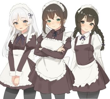 3girls alternate_costume apron black_pantyhose black_ribbon blunt_bangs blush braid brown_dress brown_eyes brown_hair closed_mouth collared_dress collared_shirt cowboy_shot crossed_arms crossed_bangs dress enmaided frilled_apron frills fubuki_(kancolle) green_eyes grey_eyes hair_between_eyes isonami_(kancolle) juliet_sleeves kantai_collection long_hair long_sleeves looking_at_viewer low_ponytail low_twin_braids maid maid_apron maid_headdress medium_hair multiple_girls neck_ribbon open_mouth pantyhose ponytail puffy_sleeves purple_ribbon ribbon sakiecho shirakumo_(kancolle) shirt sidelocks simple_background sleeve_cuffs smile smug standing twin_braids waist_apron white_apron white_background white_hair white_shirt