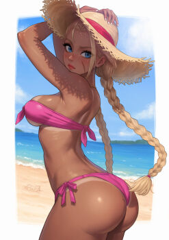 1girl ass beach bikini blonde_hair blue_eyes blue_sky braid breasts cammy_white hat highres long_hair medium_breasts official_alternate_costume outside_border pink_bikini scar scar_on_face side-tie_bikini_bottom sky solo street_fighter street_fighter_6 sun_hat swimsuit tan tanline twin_braids umigraphics