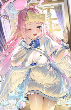1girl absurdres ahoge alternate_costume blue_archive breasts cleavage commentary_request covered_navel feathered_wings halo highres indoors kiramarukou large_breasts long_hair long_sleeves looking_at_viewer low_wings mika_(blue_archive) one_eye_closed open_mouth pink_hair sleepy solo squeans standing teeth white_wings wings wooden_floor yawning yellow_eyes
