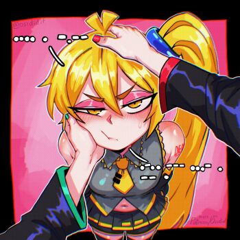 3girls akita_neru black_skirt blonde_hair blue_nails blush breasts closed_mouth detached_sleeves grey_shirt hand_on_another&#039;s_head hatsune_miku headpat highres kasane_teto long_hair long_sleeves looking_at_viewer medium_breasts morse_code multiple_girls navel neckerchief osidid patreon_username pink_nails pleated_skirt shirt side_ponytail skirt sleeveless sleeveless_shirt sweatdrop tie_clip translation_request twitter_username vocaloid yellow_neckerchief