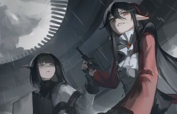 2girls absurdres ascot black_hair capelet clenched_teeth closed_mouth commentary gem grabbing_another's_arm green_eyes grey_capelet gun hair_between_eyes handgun highres holding holding_gun holding_weapon horns long_hair long_sidelocks long_sleeves looking_at_another looking_to_the_side magpie_(phyriaxi) making-of_available medium_hair multiple_girls open_mouth original outdoors phyriaxi pointy_ears red_eyes red_gem red_horns revolver sidelocks teeth upper_body weapon white_ascot white_horns