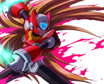 1boy android armor aura blonde_hair commentary cowboy_shot dark_persona energy_sword english_commentary evil_grin evil_smile floating_hair forehead_jewel from_side gloves glowing grin helmet holding holding_sword holding_weapon hoshi_mikan long_hair male_focus mega_man_(series) mega_man_x5 mega_man_x_(series) red_armor red_eyes red_helmet robot_ears shoulder_armor smile solo sword very_long_hair weapon white_background white_gloves z_saber zero_(mega_man)