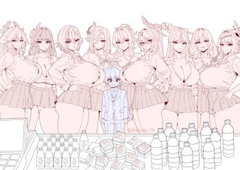 1boy 6+girls absurdres aether_(genshin_impact) age_difference aged_down ahoge akazuan_19 alternate_breast_size_(larger) alternate_costume arlecchino_(genshin_impact) arms_at_sides blush bottle bow bowtie bra bra_peek braid breasts buttons buying_condoms cash_register choker cleavage closed_mouth collared_shirt commentary condom_box curvy english_commentary expressionless flying_sweatdrops formal_clothes genshin_impact glasses gluteal_fold hair_between_eyes hair_bow hair_intakes hair_ornament hair_over_one_eye hair_stick hand_on_own_hip harem height_difference hetero high_ponytail highres huge_breasts jacket jean_(genshin_impact) kujou_sara lisa_(genshin_impact) long_hair long_sleeves looking_at_viewer low-tied_long_hair mask mask_on_head microskirt multicolored_hair multiple_girls narrow_waist necktie ningguang_(genshin_impact) one_eye_covered onee-shota panties pants parted_lips pleated_skirt ponytail raiden_shogun raised_inner_eyebrows school_uniform shenhe_(genshin_impact) shirt shirt_tucked_in short_hair shota single_hair_intake skirt smile standing suit suit_jacket sweater_vest tented_shirt thighs two-tone_hair underwear very_long_hair wing_collar worried xianyun_(genshin_impact) yae_miko
