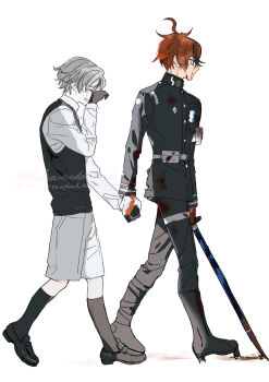 2boys aged_down ahoge aotsuki_eito armband black_boots black_gloves black_jacket black_pants black_shoes black_socks black_streaks black_vest blood blood_on_clothes blood_on_face blood_on_gloves bloody_weapon blue_eyes boots commentary crying gakuran geta glasses gloves grey_hair hikarudaihuku holding holding_hands holding_sword holding_weapon hole_in_chest hole_on_body jacket last_defense_academy_school_uniform looking_ahead male_focus multicolored_hair multiple_boys pants red_hair school_uniform shirt shoes short_hair shorts simple_background socks streaked_hair sumino_takumi sword the_hundred_line_-last_defense_academy- torn_sleeve twitter_username vest walking watermark weapon white_armband white_background white_gloves white_shirt white_shorts