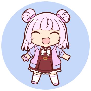 1girl :d ^_^ assault_lily belt belt_buckle blue_background blunt_bangs bow bowtie brown_sailor_collar buckle chibi closed_eyes commentary double_bun facing_viewer frilled_skirt frills full_body hair_bow hair_bun hands_up jacket kanba_girls_high_school_uniform light_blush long_hair lowres masaki_itsuki open_clothes open_jacket open_mouth outstretched_arms pink_bow pink_hair pink_scrunchie pink_shoes red_belt red_shirt red_skirt round_image sailor_collar school_uniform scrunchie serafuku shirt shoes simple_background skirt sleeves_pushed_up smile solo standing tamba_akari thighhighs transparent_background white_bow white_bowtie white_thighhighs wrist_scrunchie