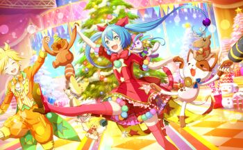 Rule 34 | 1girl, 2boys, :d, ahoge, animal ears, aqua eyes, banner, bell, blonde hair, bloomers, blue hair, blue nails, candy, candy cane, cat ears, cat girl, cat tail, christmas tree, coat, coattails, colorful palette, cross-shaped pupils, dress, fingernails, food, foot out of frame, game cg, hair between eyes, hair ornament, hatsune miku, highres, holding, kagamine len, kaito (vocaloid), leg up, multiple boys, nail polish, neck bell, official art, open mouth, orange coat, orange shorts, out of frame, pink thighhighs, pom pom (clothes), pom pom hair ornament, project sekai, red bloomers, red dress, red shoes, seinaru yoru ni kono utagoe wo (project sekai), shoes, shorts, smile, snowman, spiked hair, star (symbol), striped clothes, striped tail, striped vest, symbol-shaped pupils, tail, tailcoat, teeth, thighhighs, third-party source, tongue, twintails, underwear, upper teeth only, vest, vocaloid, wonderlands x showtime kaito, wonderlands x showtime len, wonderlands x showtime miku, yellow vest
