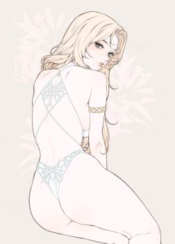 1girl absurdres artist_name back backboob bikini blonde_hair blue_eyes breasts closed_mouth commentary commission english_commentary feet_out_of_frame floral_background from_behind highres lace_one-piece_swimsuit lips long_hair looking_at_viewer looking_back median_furrow one-piece_swimsuit original pale_color solo swimsuit thighs wedgie white_bikini white_one-piece_swimsuit yiiande