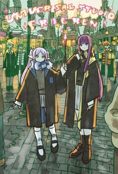 2boys 6+girls black_robe black_shoes black_socks blonde_hair blue_scarf commentary_request cup elf fern_(sousou_no_frieren) frieren full_body glasses grey_hair grey_skirt grey_sweater gryffindor highres hime_cut holding holding_cup holding_wand hufflepuff kanne_(sousou_no_frieren) land_(sousou_no_frieren) lawine_(sousou_no_frieren) loafers multiple_boys multiple_girls parted_bangs pleated_skirt pointy_ears purple_hair ravenclaw red_hair robe scarf serie_(sousou_no_frieren) shoes short_hair side_ponytail skirt slytherin socks sousou_no_frieren standing stark_(sousou_no_frieren) straight_hair striped_clothes striped_scarf sweater takeuchi_ryousuke thick_eyebrows twintails ubel_(sousou_no_frieren) universal_studios wand white_socks