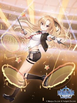 1girl audience azur_lane belt black_jacket black_shoes black_shorts black_socks blonde_hair blush breasts cleveland_(azur_lane) closed_mouth collared_shirt colored_lights concert copyright_logo drumsticks fingerless_gloves full_body gloves hair_between_eyes highres holding holding_drumsticks indoors jacket large_breasts leg_up logo long_hair looking_at_viewer necktie official_art one_side_up open_clothes open_jacket parted_bangs red_eyes shirt shoes short_shorts short_sleeves shorts smile socks solo stage_lights star_(symbol) striped_clothes v-shaped_eyebrows vertical-striped_clothes vertical-striped_necktie very_long_hair white_gloves white_shirt yuasa_akira