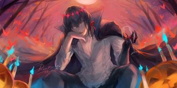 1boy alcohol black_cape black_hair black_pants blue_fire candle cape commentary english_commentary fate/grand_order fate_(series) fire hair_between_eyes high_collar highres jack-o'-lantern long_sleeves looking_at_viewer male_focus oberon_(fate) oberon_(third_ascension)_(fate) pants pectoral_cleavage pectorals pumpkin red_ribbon renrenka_noi ribbon shirt short_hair sitting solo white_shirt wine