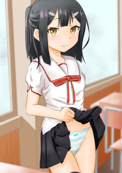 1girl absurdres black_hair black_skirt blue_panties blush breasts brown_eyes chair classroom clothes_lift desk fate/kaleid_liner_prisma_illya fate_(series) female_focus hair_ornament hairclip half_updo highres homurabara_academy_school_uniform lifting_own_clothes loli long_hair looking_at_viewer miyu_edelfelt navel neck_ribbon panties puffy_short_sleeves puffy_sleeves red_ribbon ribbon sailor_collar school_uniform self_exposure shirt short_sleeves sidelocks sirokohi skirt skirt_lift small_breasts smile solo striped_clothes striped_panties thighs underwear white_sailor_collar white_shirt window