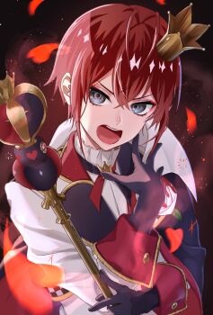 1boy black_gloves crown gloves grey_eyes hand_on_own_chest highres long_sleeves looking_at_viewer open_mouth red_hair riddle_rosehearts sakurano.neko solo staff teeth twisted_wonderland upper_teeth_only