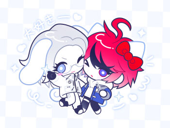 2boys ;3 ahoge animal_ears aotsuki_eito black_gloves black_hair black_pants black_shoes blue_eyes blue_jacket blush_stickers bow bright_pupils cat_ears cat_tail checkered_background chibi chibi_only chinese_commentary cinnamoroll colored_skin commentary_request dog_ears dog_tail drawstring extra_ears fuwa_fuwa_cinnamoroll glasses gloves grey_hair grey_jacket heart hello_kitty hello_kitty_(character) high_collar highres hood hood_down hoodie jacket jacket_over_hoodie leg_up long_sleeves male_focus multicolored_hair multicolored_jacket multiple_boys one_eye_closed open_clothes open_jacket open_mouth pants pocket pointing red_bow red_hair sanrio semi-rimless_eyewear shoes short_hair sickt single_blush_sticker single_eyebrow sparkle streaked_hair sumino_takumi tail the_hundred_line_-last_defense_academy- thigh_strap two-tone_hair two-tone_jacket v-shaped_eyebrows white_hoodie white_jacket white_pants white_pupils white_shoes white_skin zipper_pull_tab
